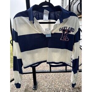 Freeze Junior Girls Crop Top Long Sleeve Striped Cream Blue Polo Size XS RN71868